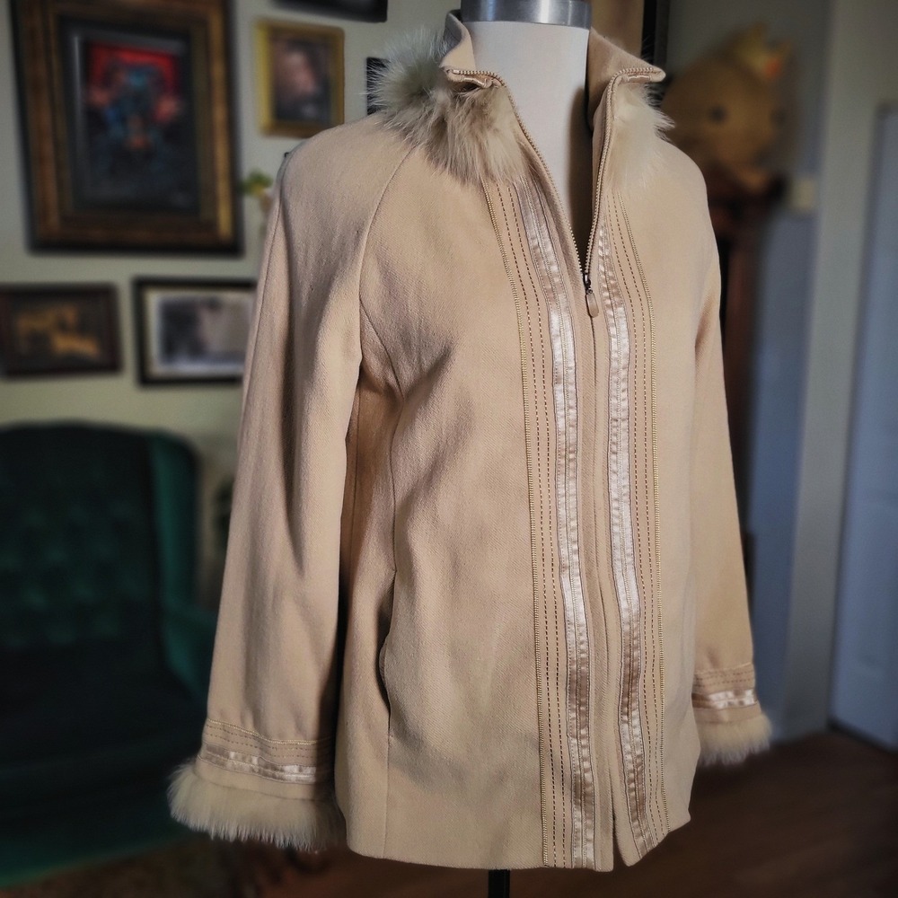 TAHAN Beige‎ Wool Rabbit Hair Trim Zip Front Jacket Women Size S